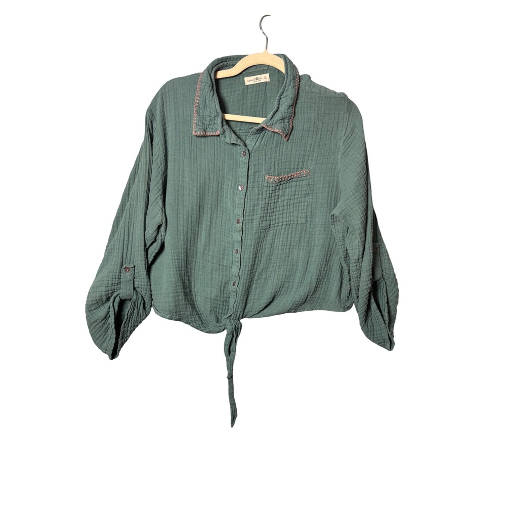 Natural Life Womens Top XL Green Gauze Tie Front Blanket Stitch Boho Cottagecore